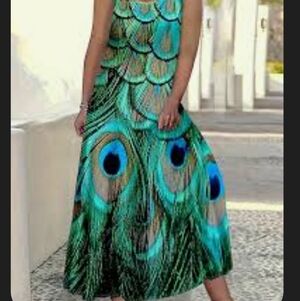 Peacock Feather Print Maxi Dress